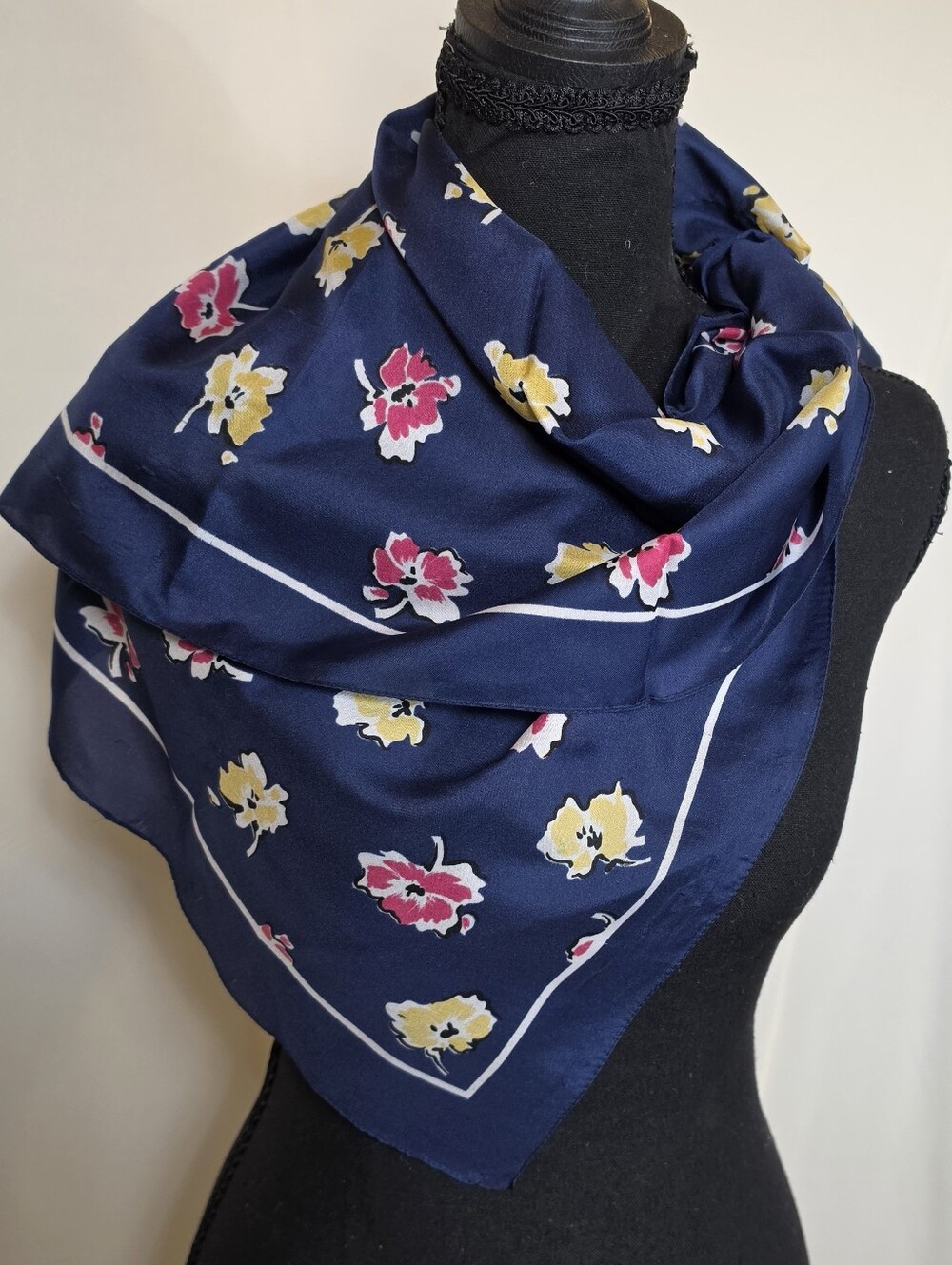 Vintage Sarah Coventry Navy Blue Floral Square Scarf 30" Head Neck Wrap Italy